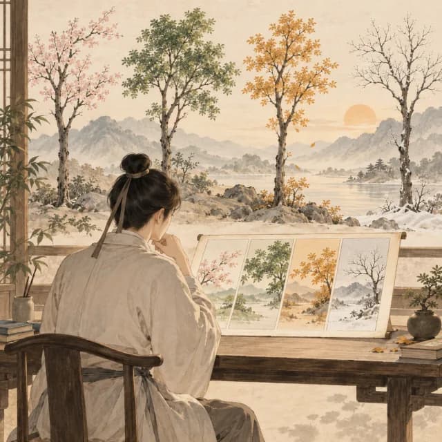 A person studies a map of four life periods against the changing seasons.