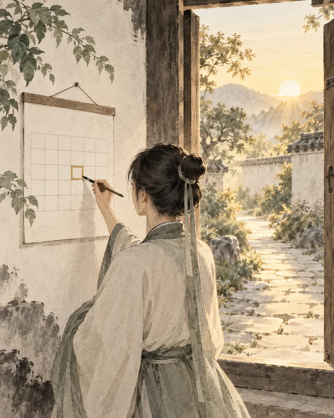 A person marks a chosen day on a calendar grid as a garden path beyond the open doorway catches the morning light.
