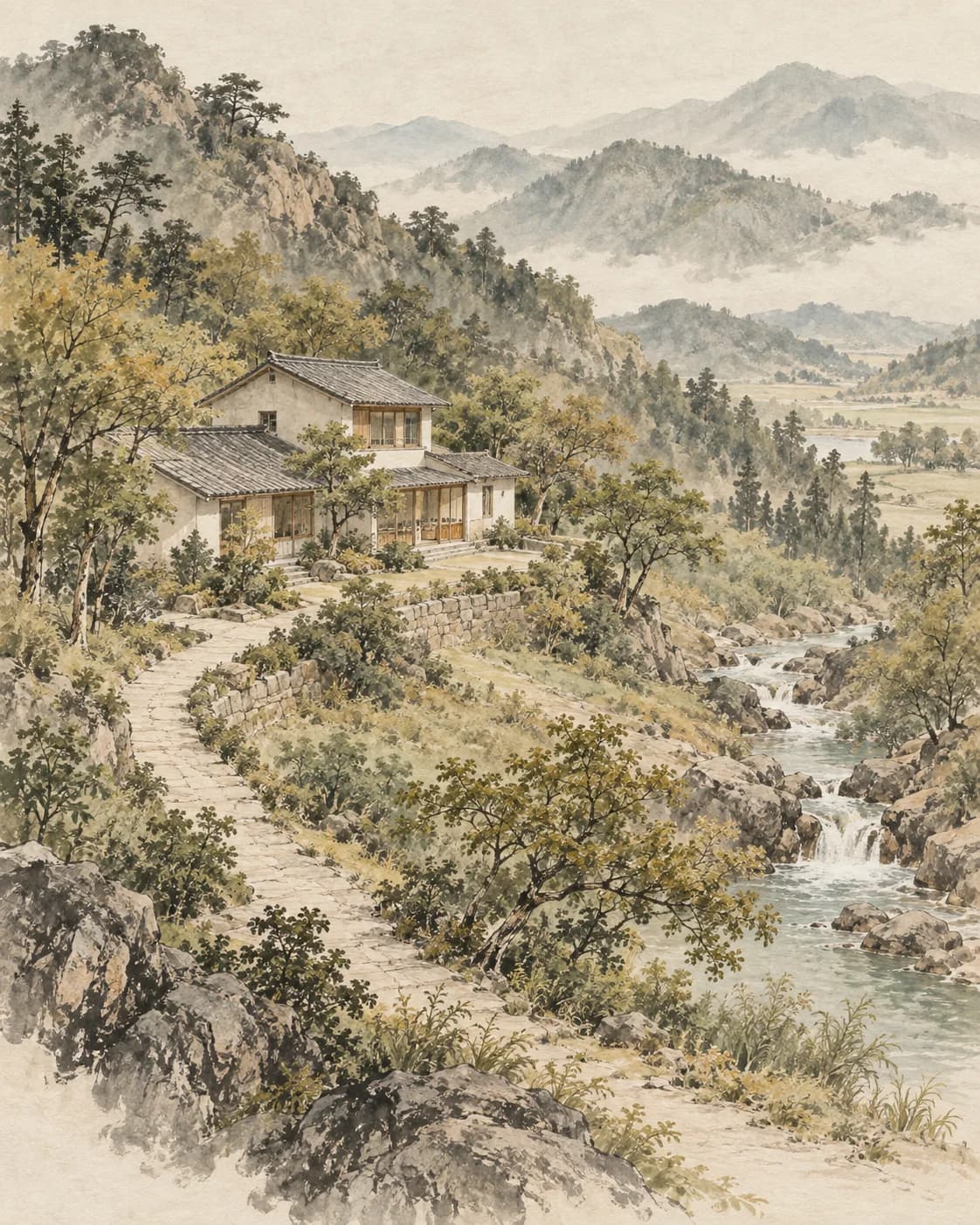 A home among mountains, trees, a stream and a path, showing its relationship with the landscape.