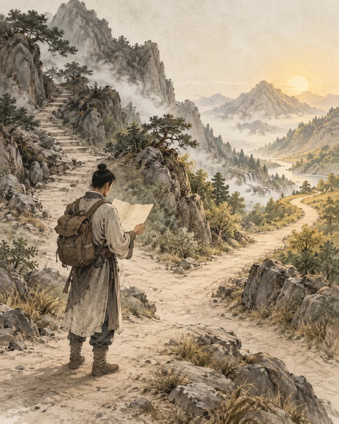 A traveler with a map chooses a route at a fork in the mountain landscape.