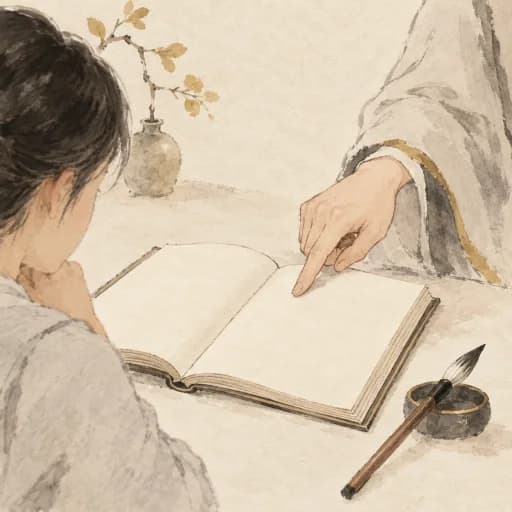 A teacher shows a student an open book and explains the material.
