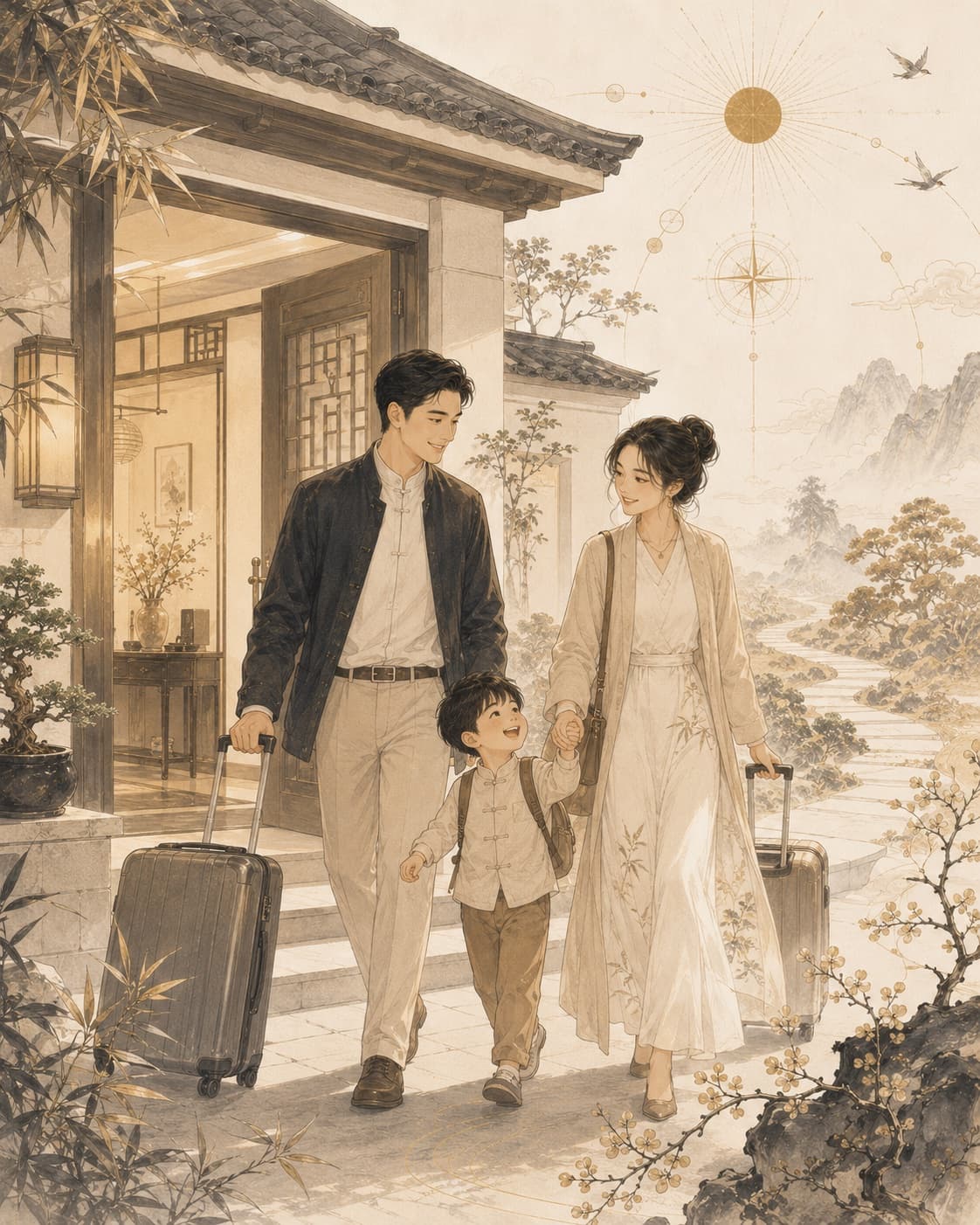 Family outside a house against a mountain landscape
