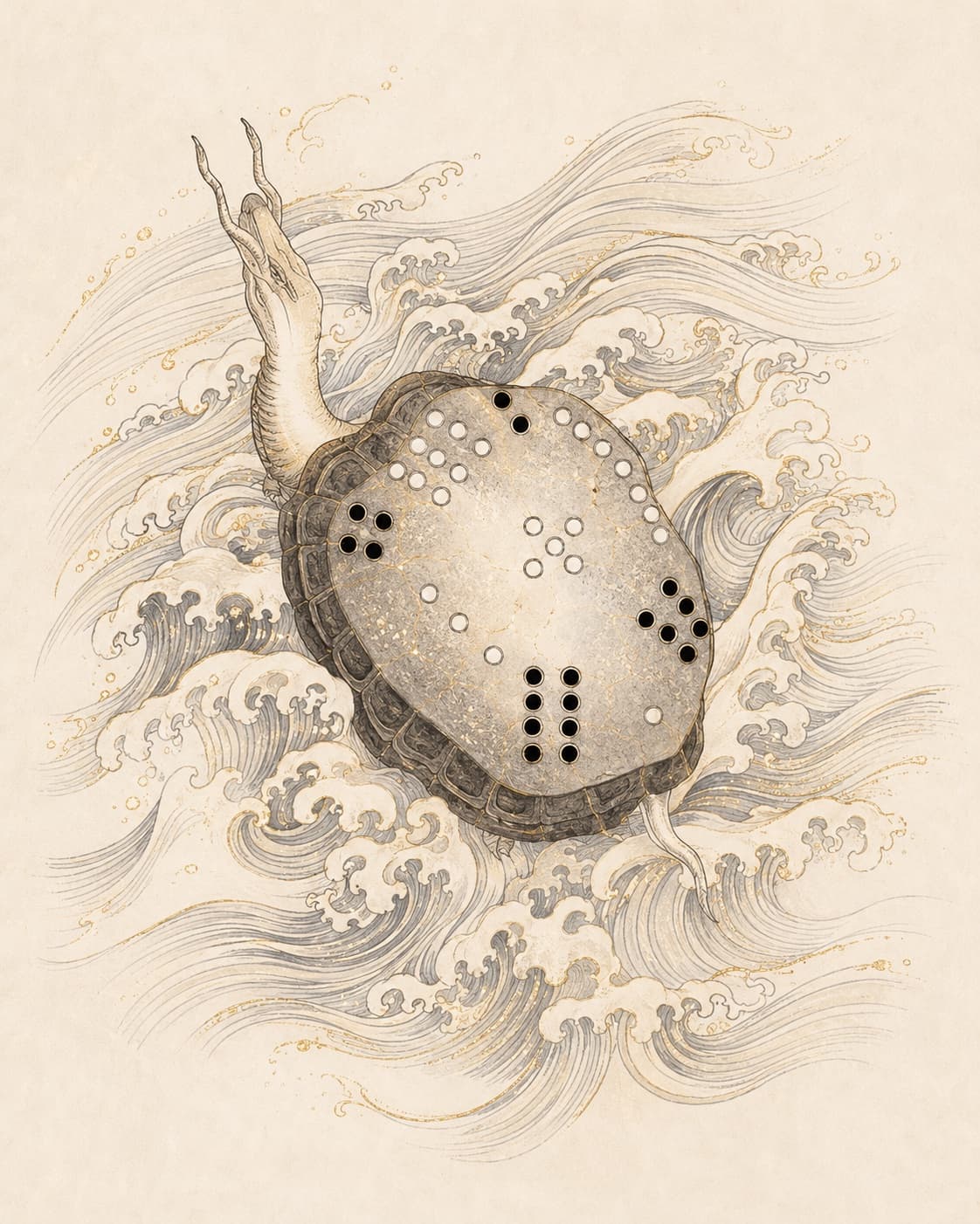 Turtle with a Lo Shu pattern among waves