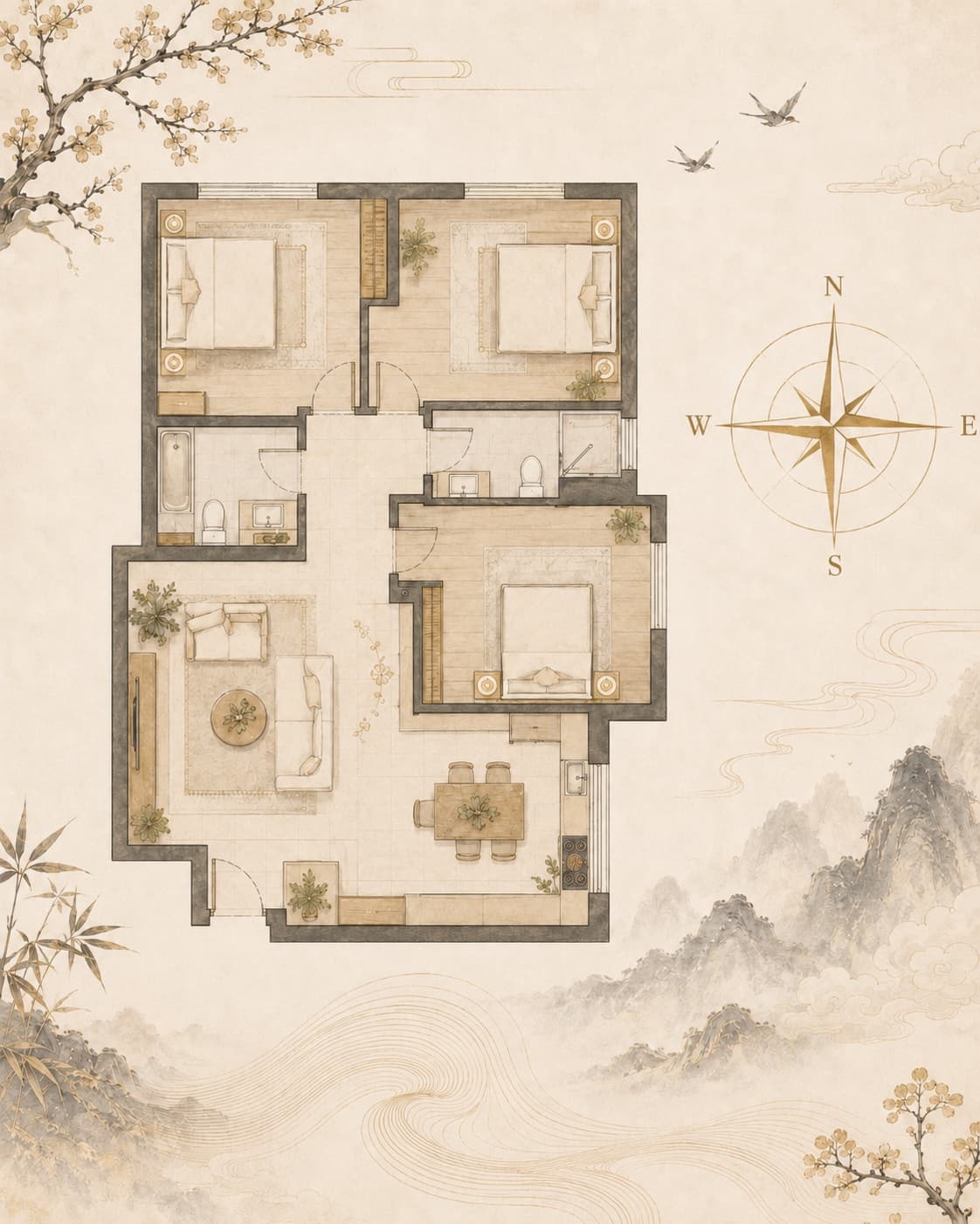 House plan and directional compass for Internal Feng Shui