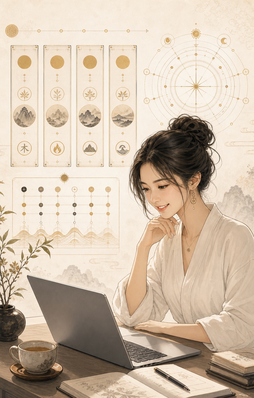 Woman studying a Bazi Chart on a laptop