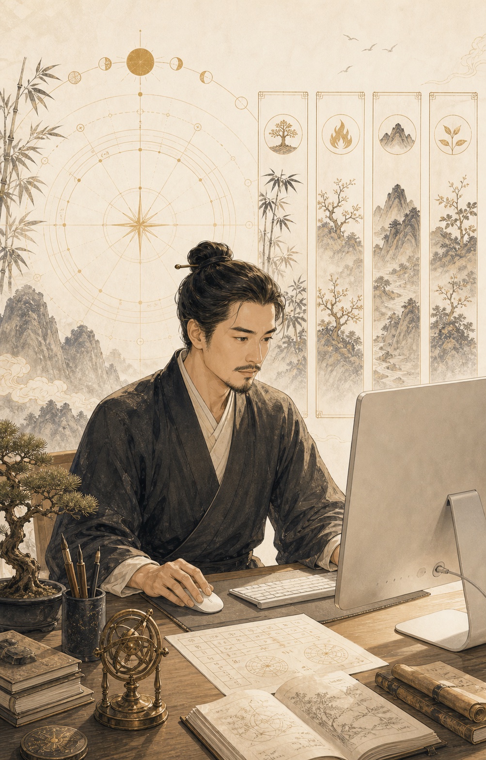 Bazi practitioner working with a chart on a computer
